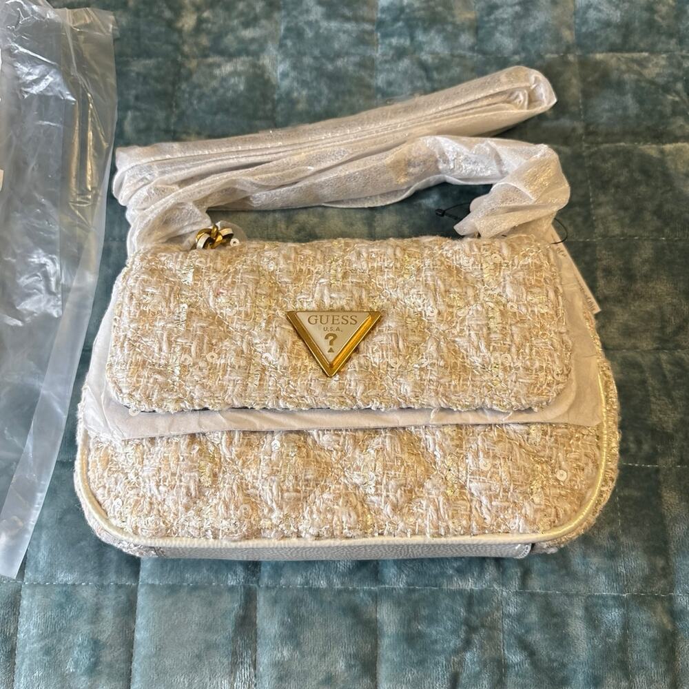 Guess Crossbody Bag Cream Tweed Gold Hardware Mini Chic NWT
